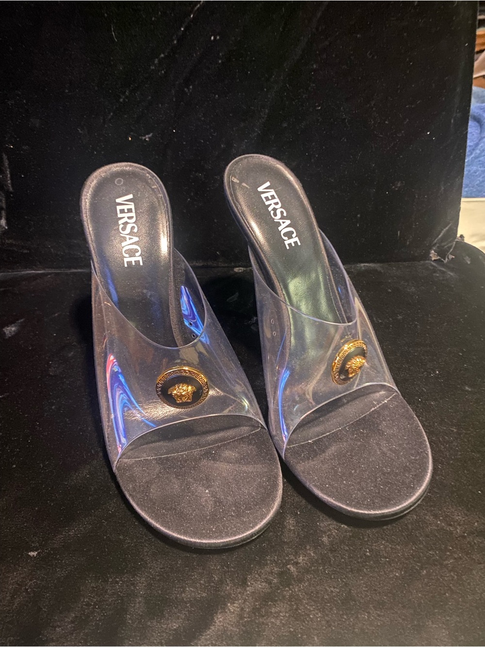 Versace Clear PVC Slide Mules with Gold Medusa and Black Footbed